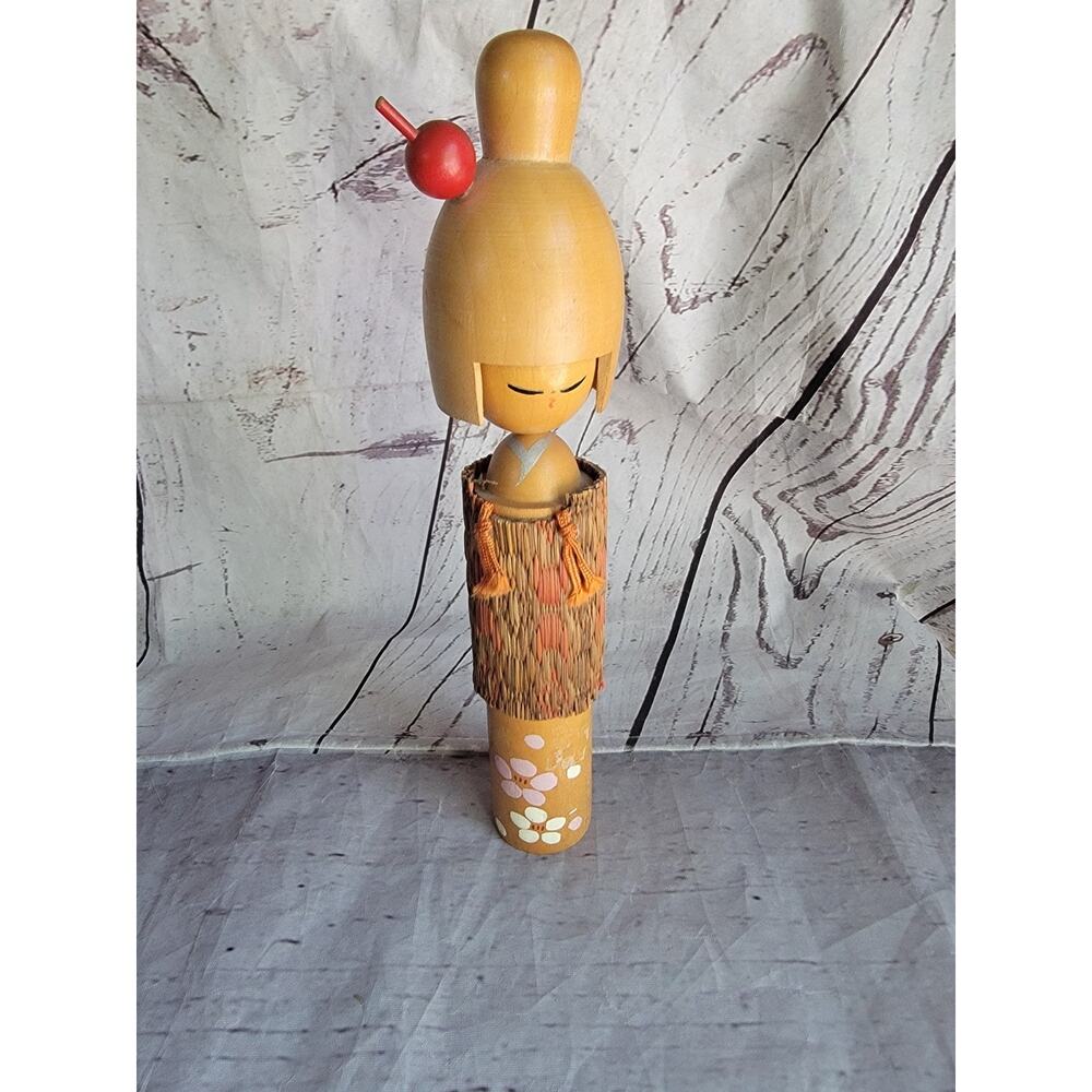 Vintage Japanese Kokeshi Doll Handcrafted Wood Floral Kimono Design 10 In Tall